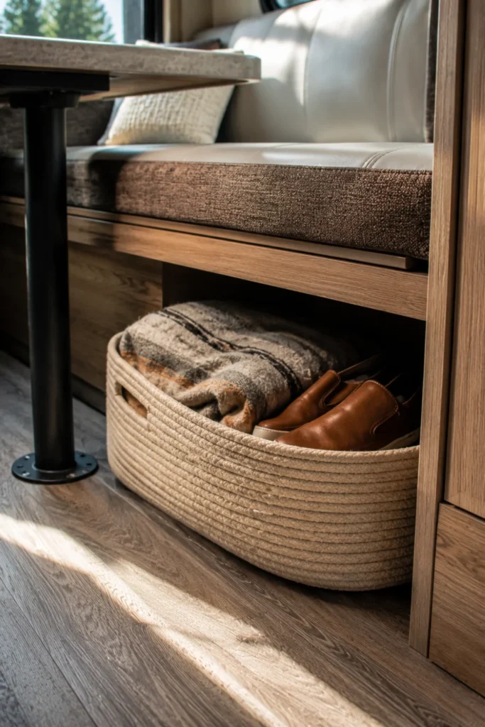 Coiled cotton rope storage basket holding blankets and shoes under an RV dinette bench.