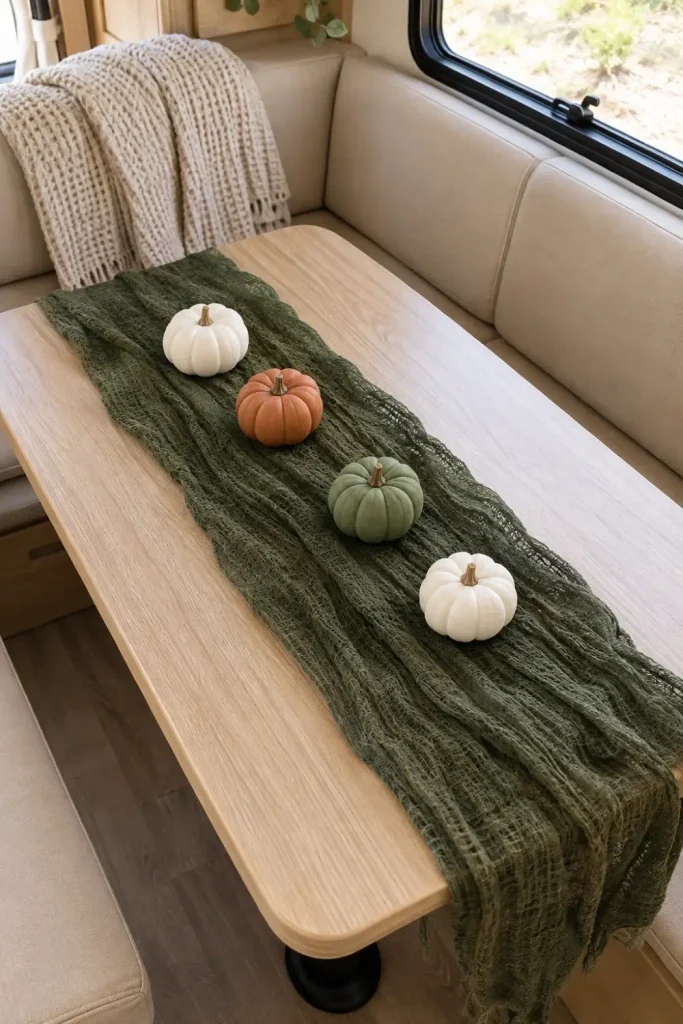 Dark cheesecloth table runner styled with muted mini foam pumpkins on a wooden RV dinette table.
