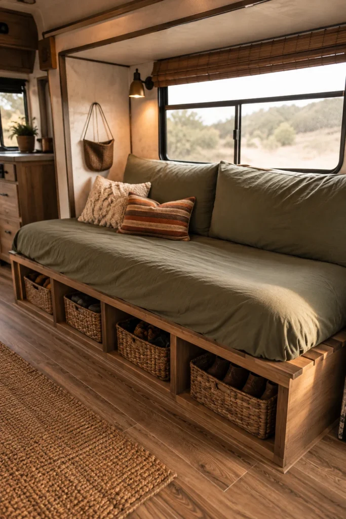 Custom wood daybed with deep cushions and under-bed storage baskets replacing an RV dinette booth.