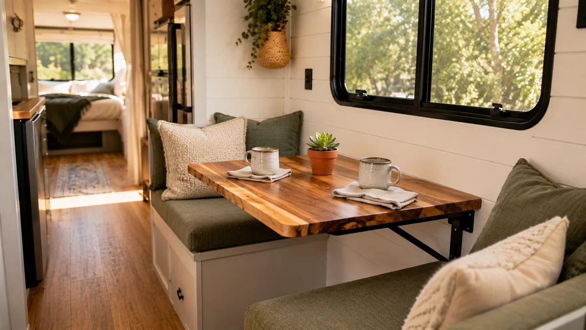 Space-saving wall-mounted wood RV dining table with coffee mugs and cushions inside a bright modern camper interior.