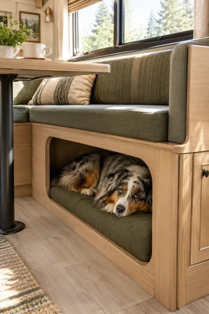 Custom built-in dog bed tucked inside an RV dinette bench cutout with a dog resting comfortably inside.
