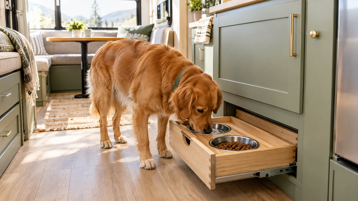 A golden retriever drinking from a custom built-in slide-out dog bowl feeder in a bright RV kitchen.
