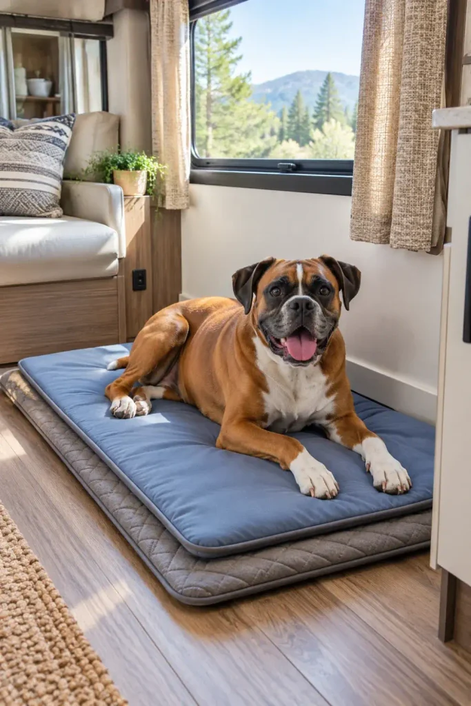 Layered dog sleeping setup featuring an insulated base pad topped with an active cooling gel mat inside an RV.