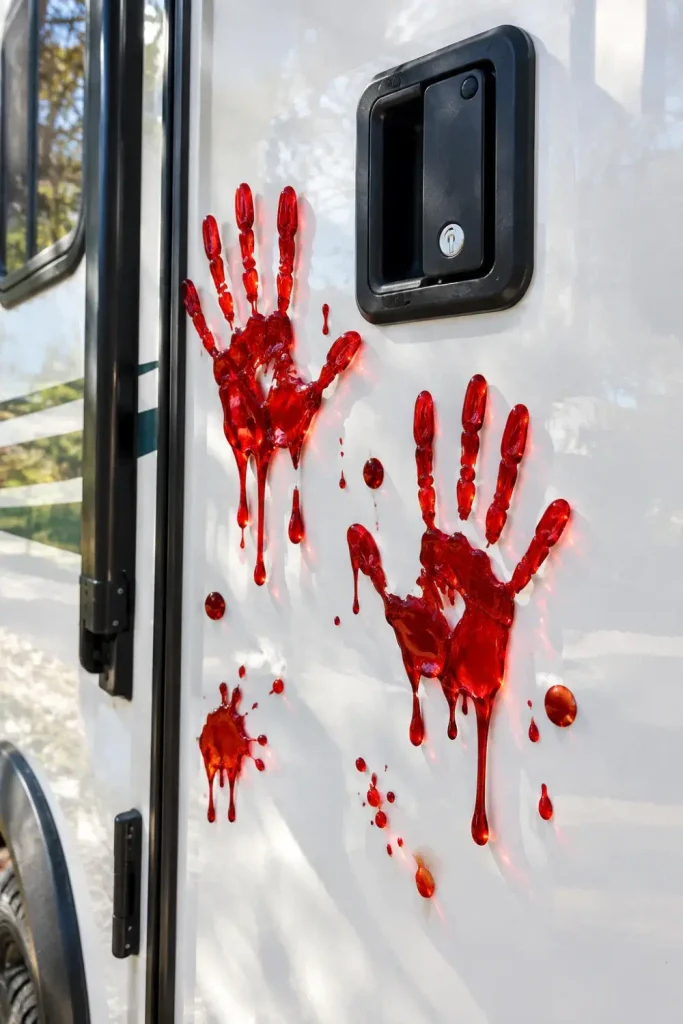 Translucent red bloody handprint gel clings placed on a white camper exterior door below the handle