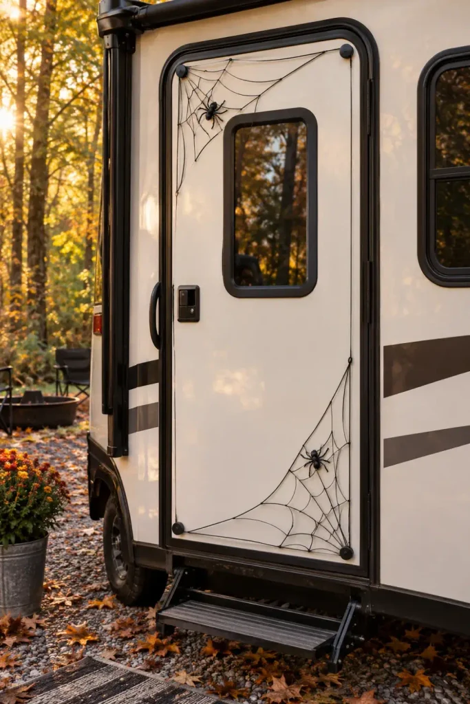 Camper exterior door decorated with black wire spiderwebs secured by small magnets at the corners