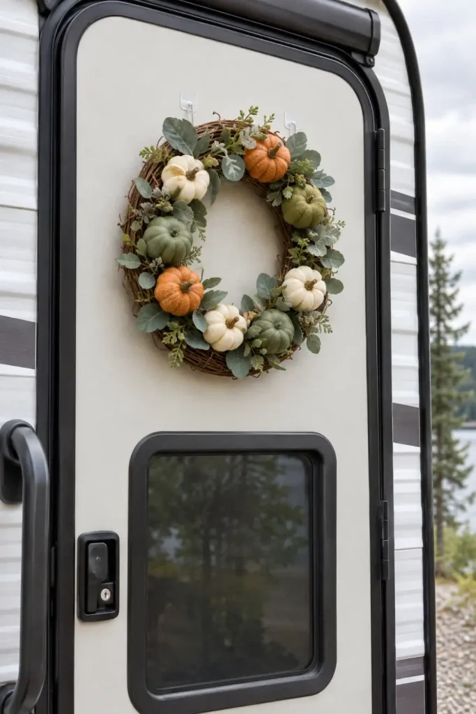 Small rustic grapevine wreath with mini faux pumpkins mounted flat on a travel trailer door