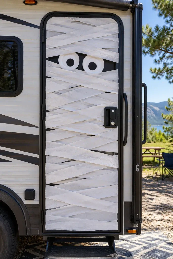 Camper entry door wrapped in white streamers like a mummy with oversized craft eyes peeking out