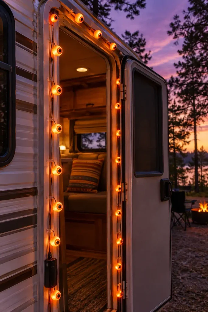 String of orange glowing novelty eyeball lights framing the doorway of an RV camper at dusk