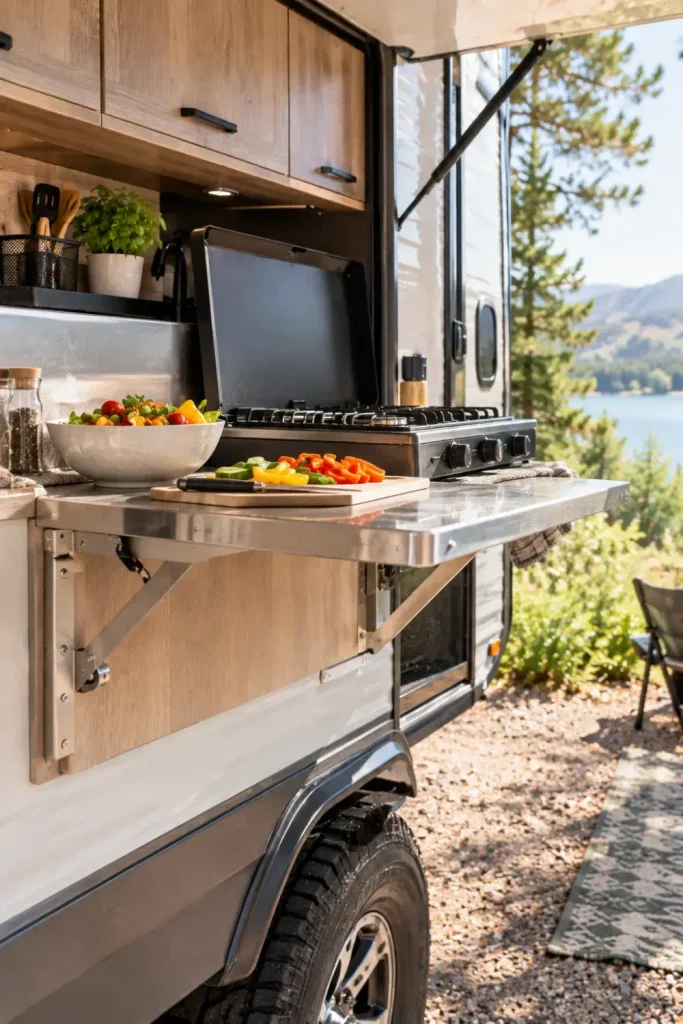 Fold-down drop-leaf countertop extension locked in place to expand an RV outdoor kitchen workspace.