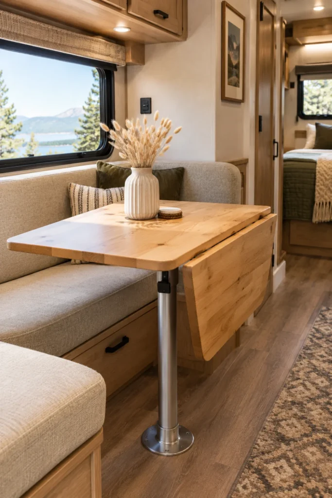 Space-saving solid wood drop-leaf table mounted on a swivel arm in an RV dinette.