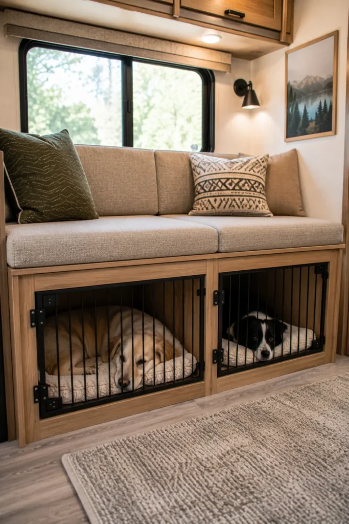 Dual-bay custom wooden dog kennel credenza built beneath an upholstered seating bench inside an RV.
