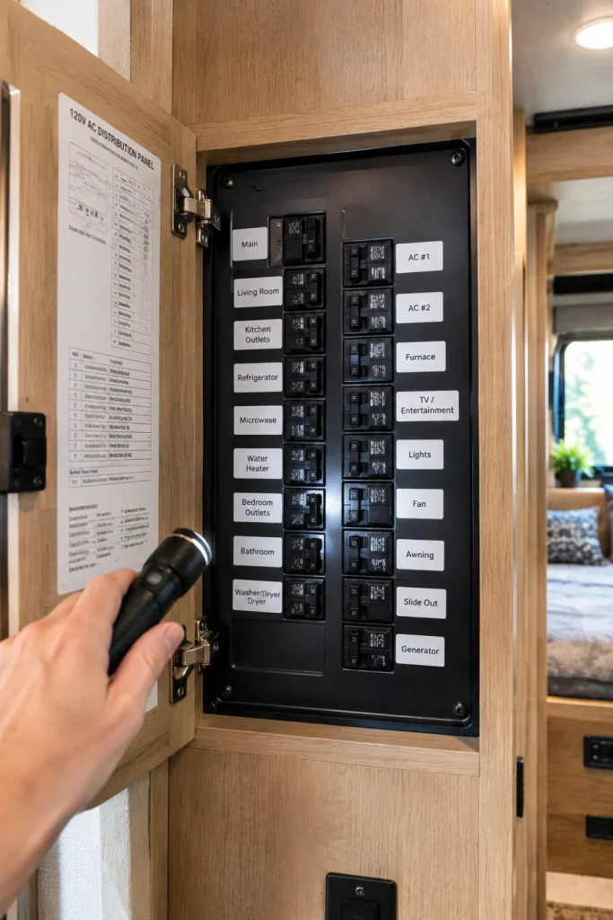 Interior RV electrical panel with clearly printed labels on each circuit breaker switch.
