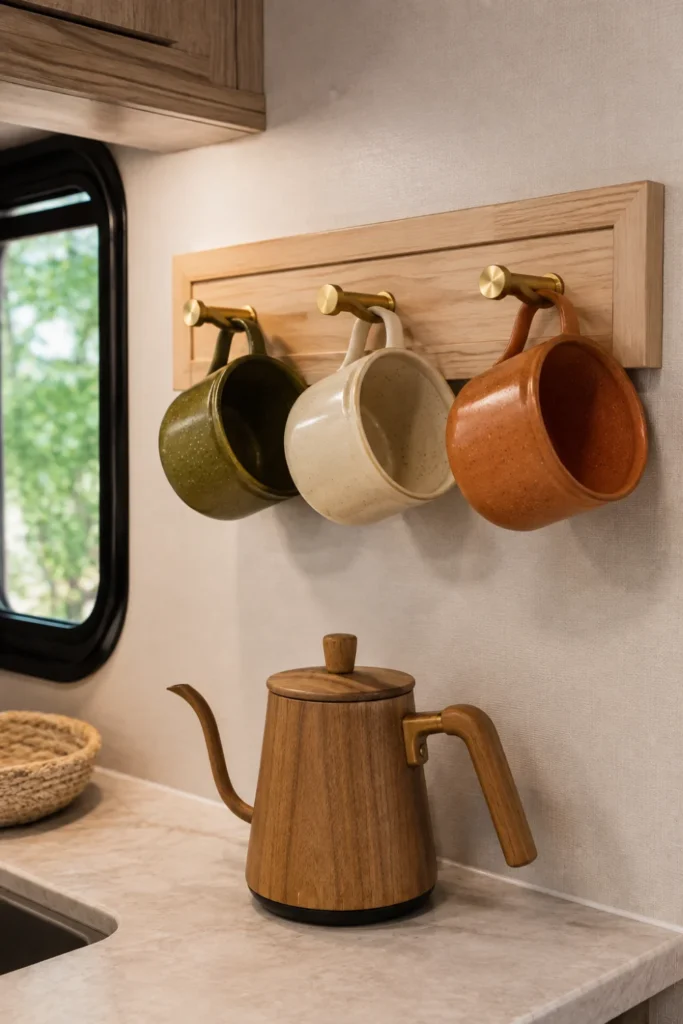 Speckled enamel coffee mugs hanging from a wooden peg rack on an RV wall.