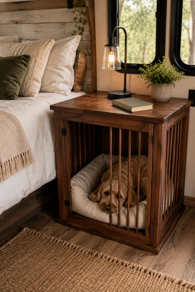 Dual-purpose wooden end table dog crate used as a bedside nightstand in an RV bedroom.