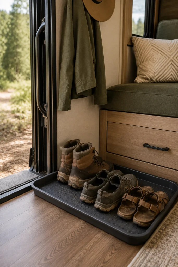 Washable boot tray holding muddy shoes near an RV entrance