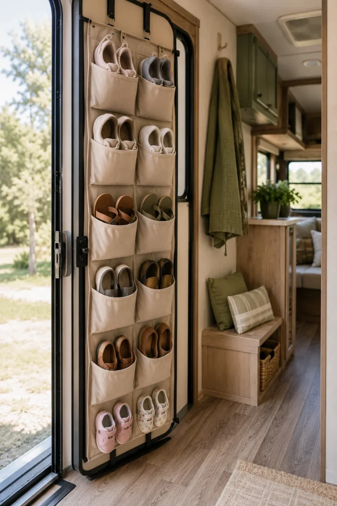 Slim shoe organizer hanging on the inside of an RV entry door
