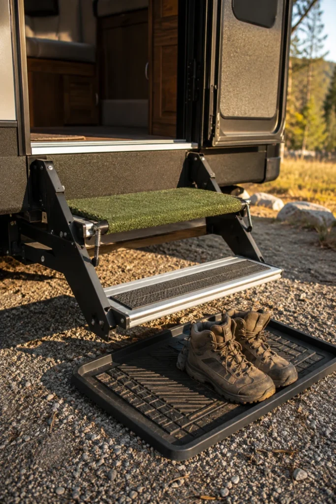 Textured turf step wrap on an RV metal entry stair paired with a flat rubber shoe tray outside.