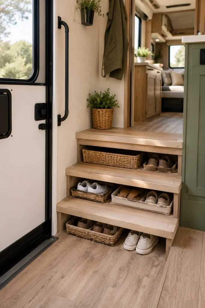RV entry steps with hidden baskets storing shoes and sandals