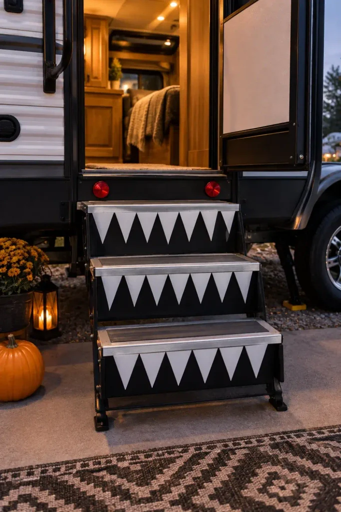 RV aluminum exterior steps decorated with white tape triangles on vertical risers creating monster fangs.
