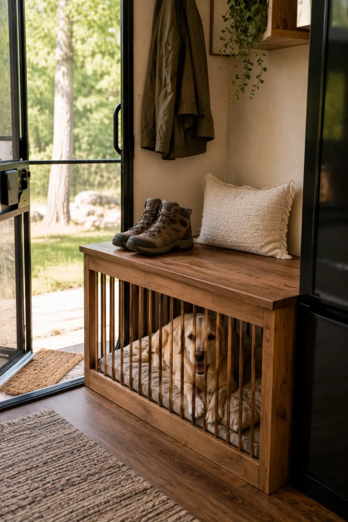 Multi-purpose RV entryway bench with a dog crate underneath located next to the camper screen door.
