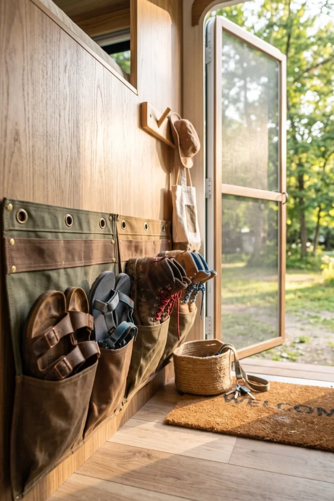 Canvas shoe pocket organizer mounted along the lower wall of an RV entryway.