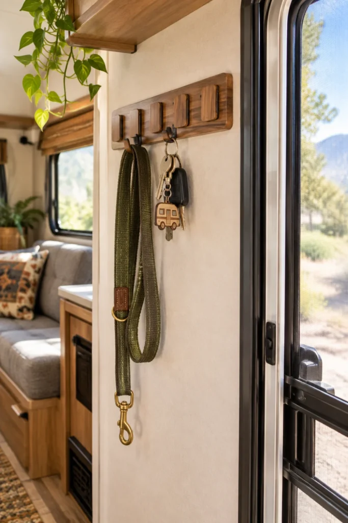 Modern wooden wall strip with flush collapsible flip-out hooks mounted in an RV entryway.