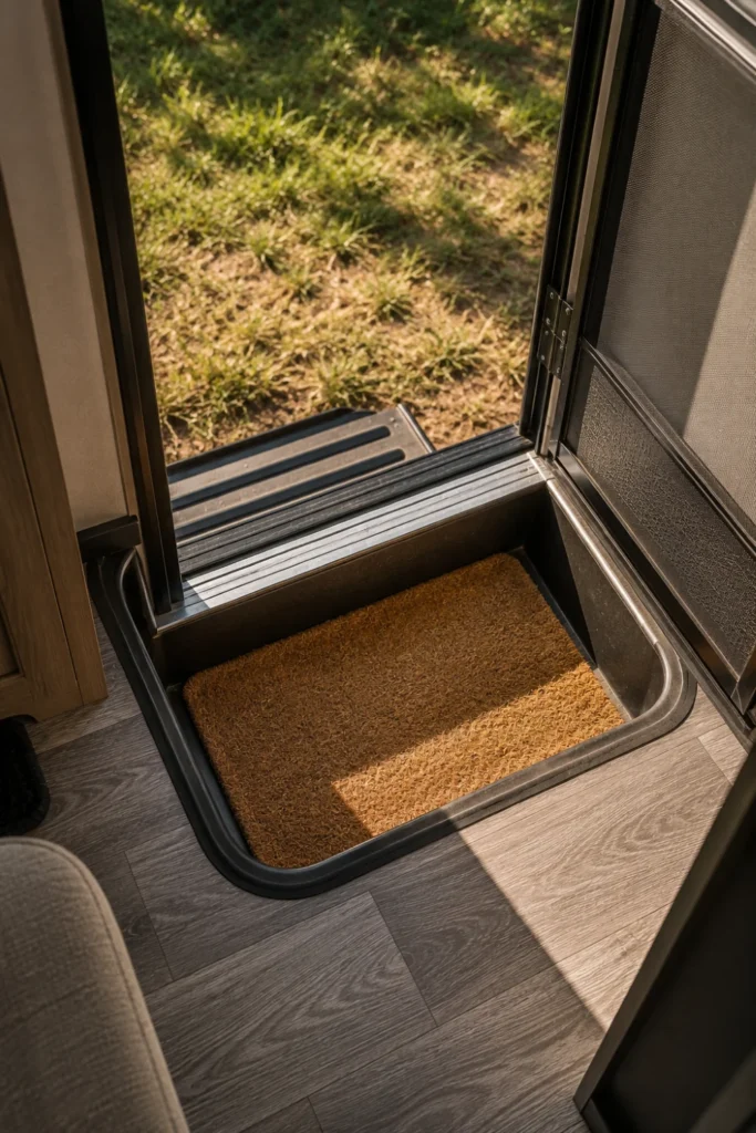 Custom cut natural coir doormat fitted into the recessed entry step well of an RV.