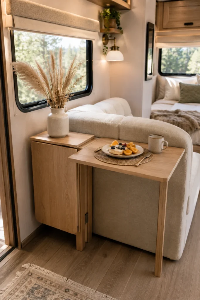 Multi-leaf folding console table placed behind a camper sofa with one side extended for dining.
