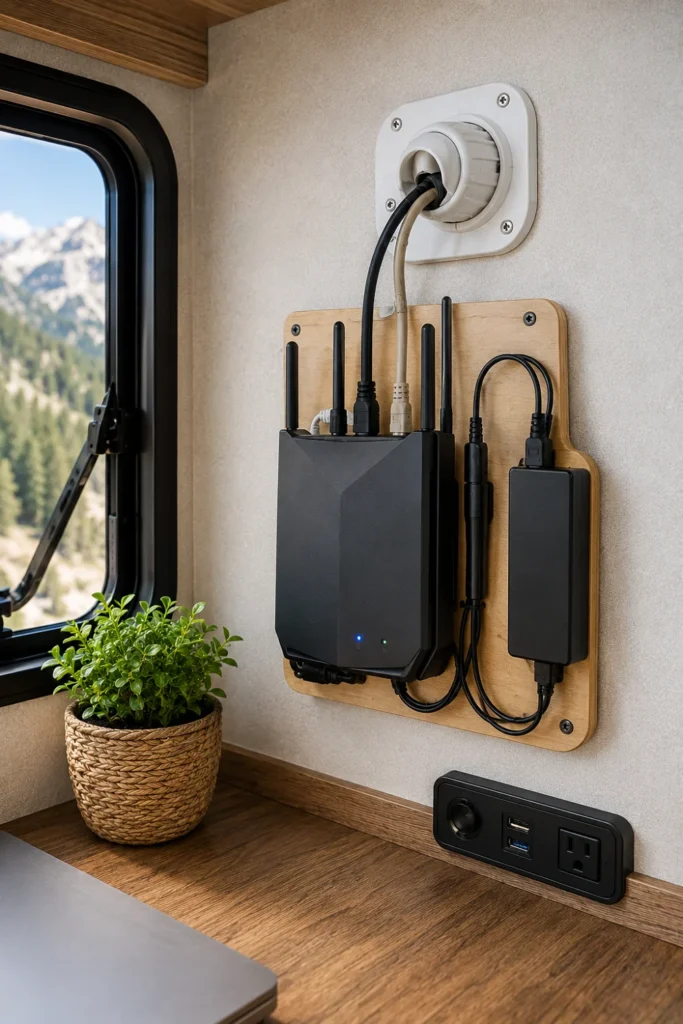 Weatherproof marine cable pass-through gland routing satellite internet cables to an RV office router setup.