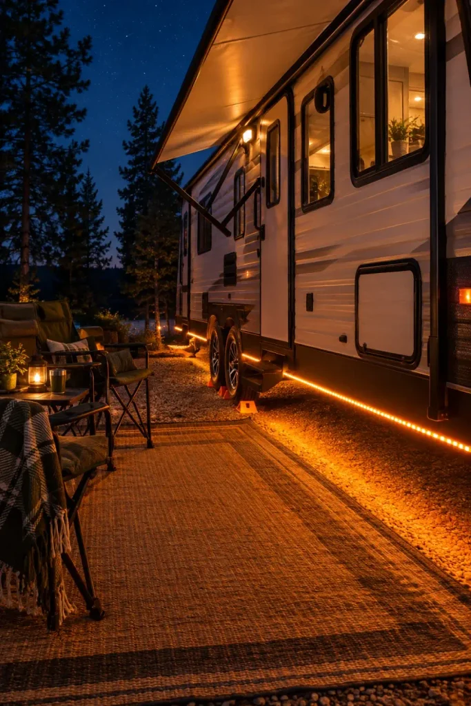 Warm orange weatherproof LED rope light glowing beneath an RV frame onto an outdoor campsite mat.
