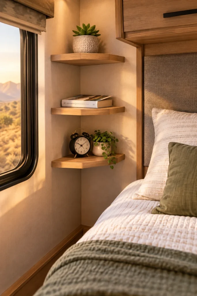 Tiered wooden floating corner shelves mounted beside a bed in a small camper room.