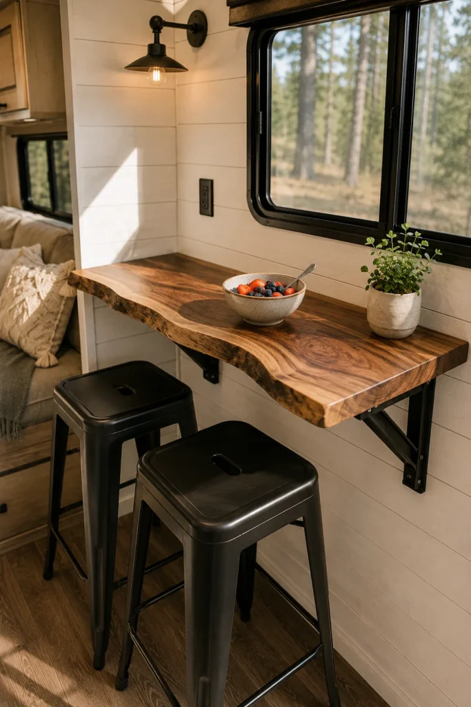 Floating live-edge wood slab table mounted with folding wall brackets in a renovated camper.