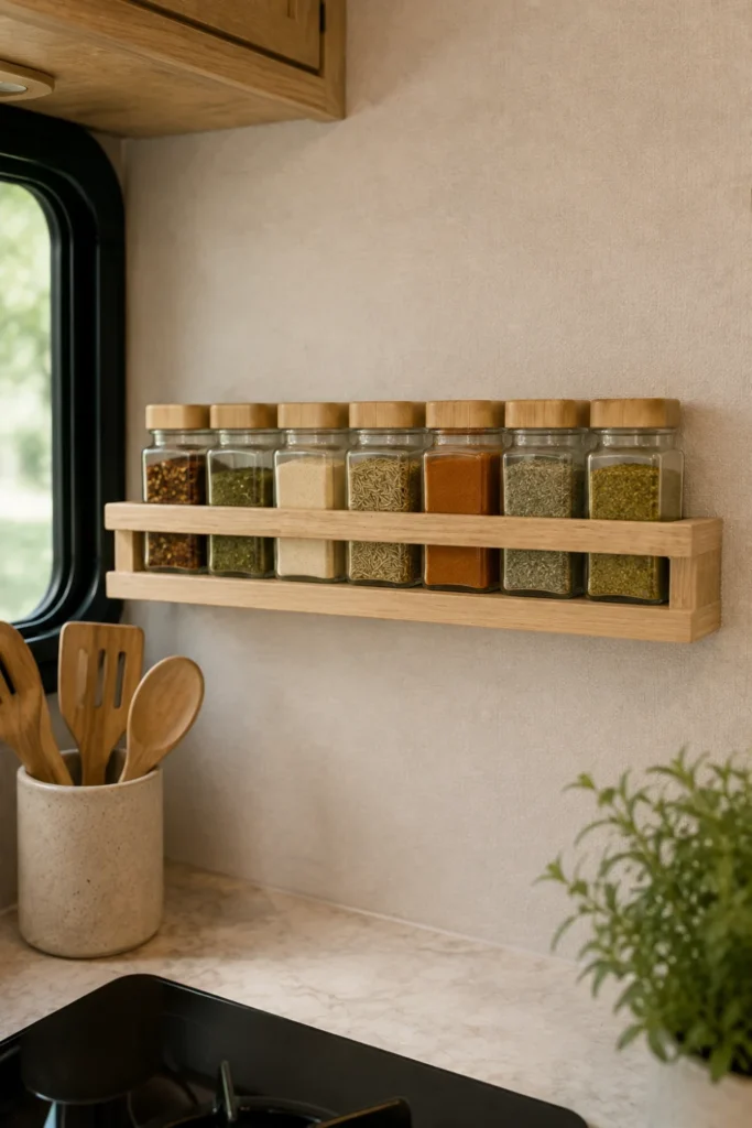 Slim wooden floating spice rail with square glass spice jars on a camper galley wall.
