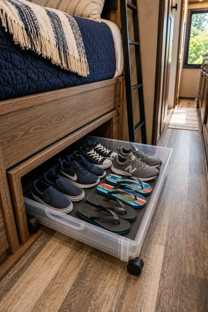 A shallow, low-profile clear storage drawer on soft caster wheels is pulled out from the narrow floor space of an RV bunkhouse hallway, containing shoes.