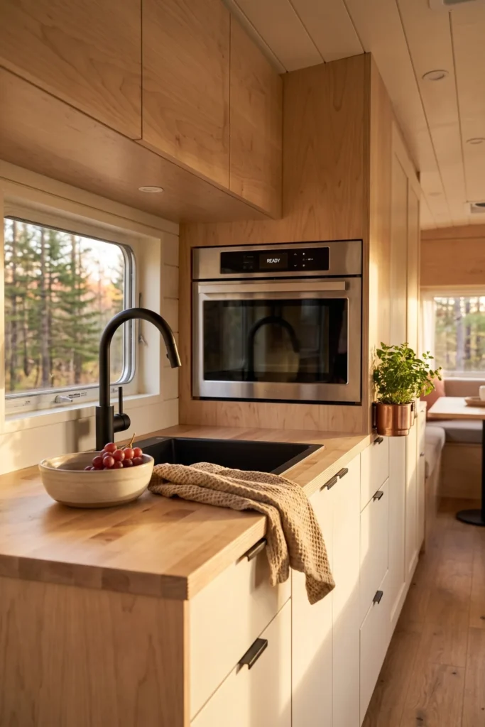 Flush-mounted convection air fryer installed inside camper galley cabinetry.