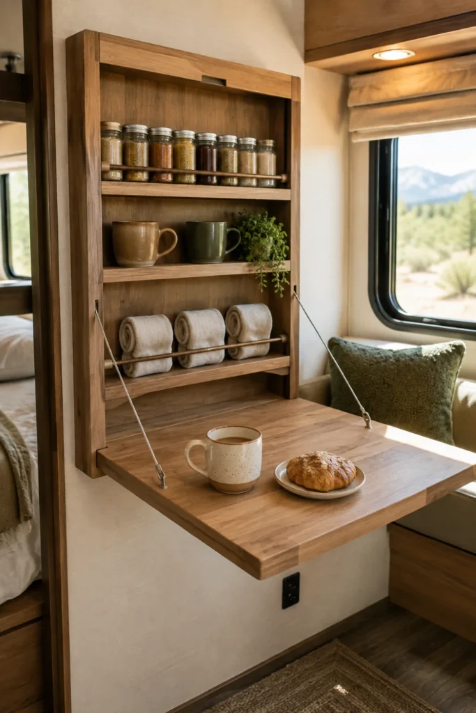 Fold-down Murphy wall dining table with shallow spice and mug storage shelving in an RV.

