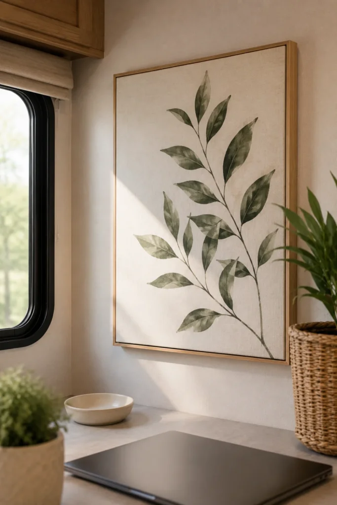 Lightweight framed botanical canvas print mounted flush to a camper interior wall.