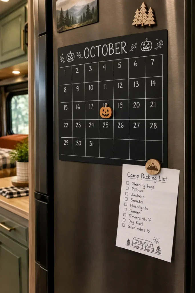 Flat magnetic Halloween countdown calendar with pumpkin token on an RV black refrigerator door.