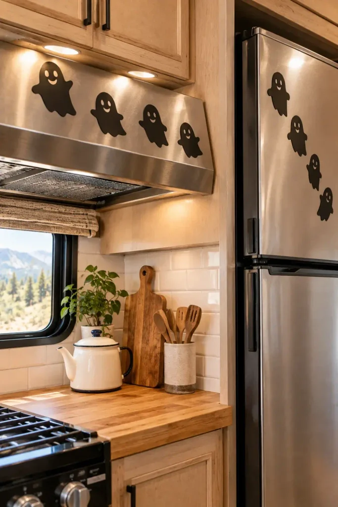 Flat black paper ghost silhouettes with magnetic backings arranged on a stainless steel RV range hood and refrigerator.