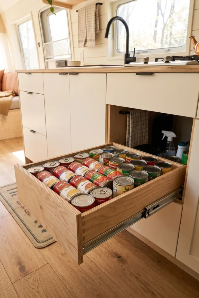 Heavy-duty full-extension drawer slides installed in deep RV lower kitchen cabinets.