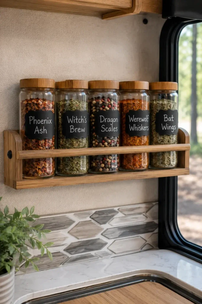Clear spice jars with wooden lids and chalkboard Halloween labels displayed on an RV kitchen galley ledge.
