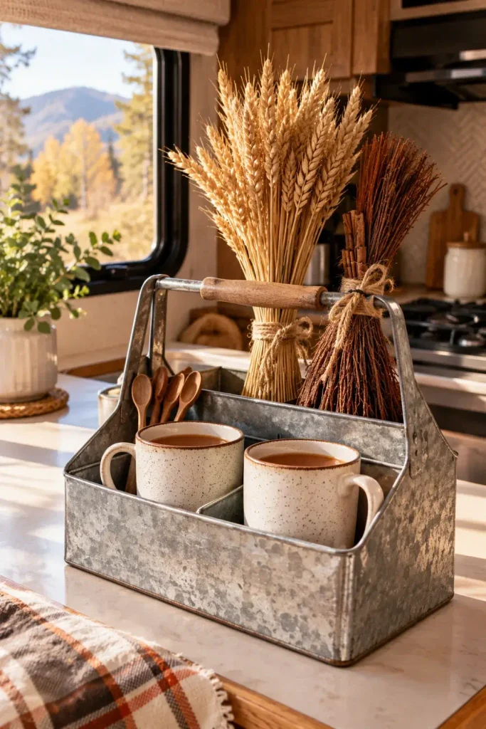 Galvanized metal countertop caddy holding camp coffee mugs and a mini cinnamon broom in an RV kitchen.