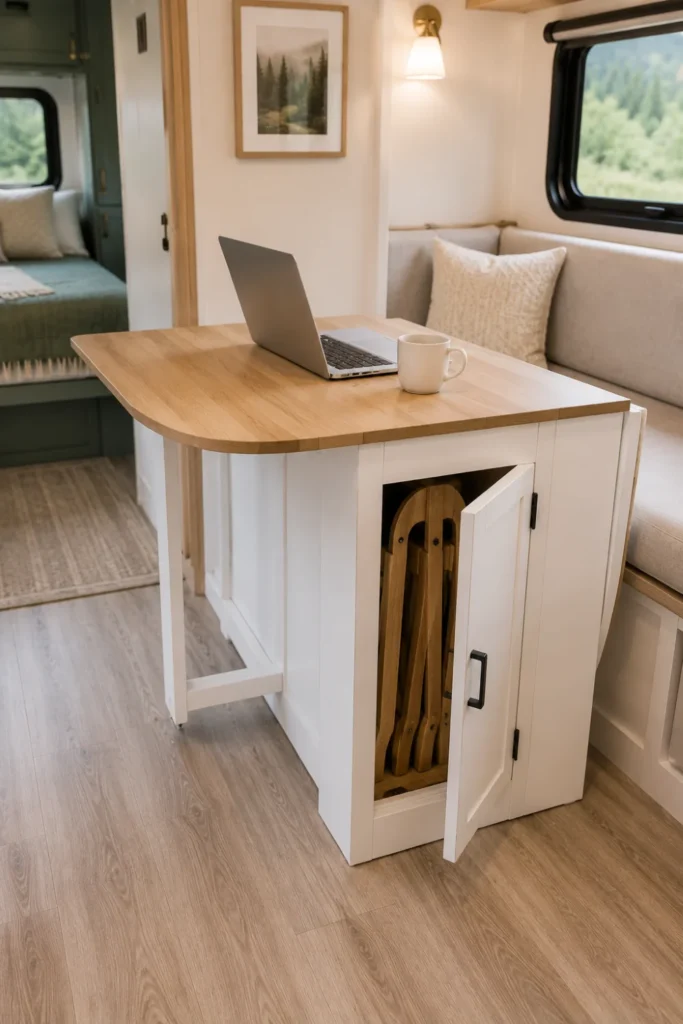 Gateleg expandable dining table with built-in folding chair storage inside a bright RV cabin.
