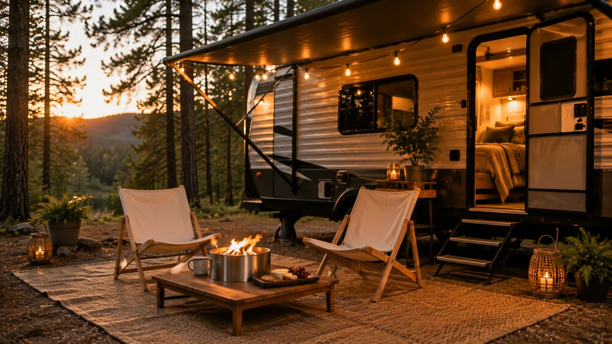 Cozy outdoor RV glamping campsite patio setup at dusk with warm bistro lighting, canvas sling chairs, and a tabletop fire bowl.