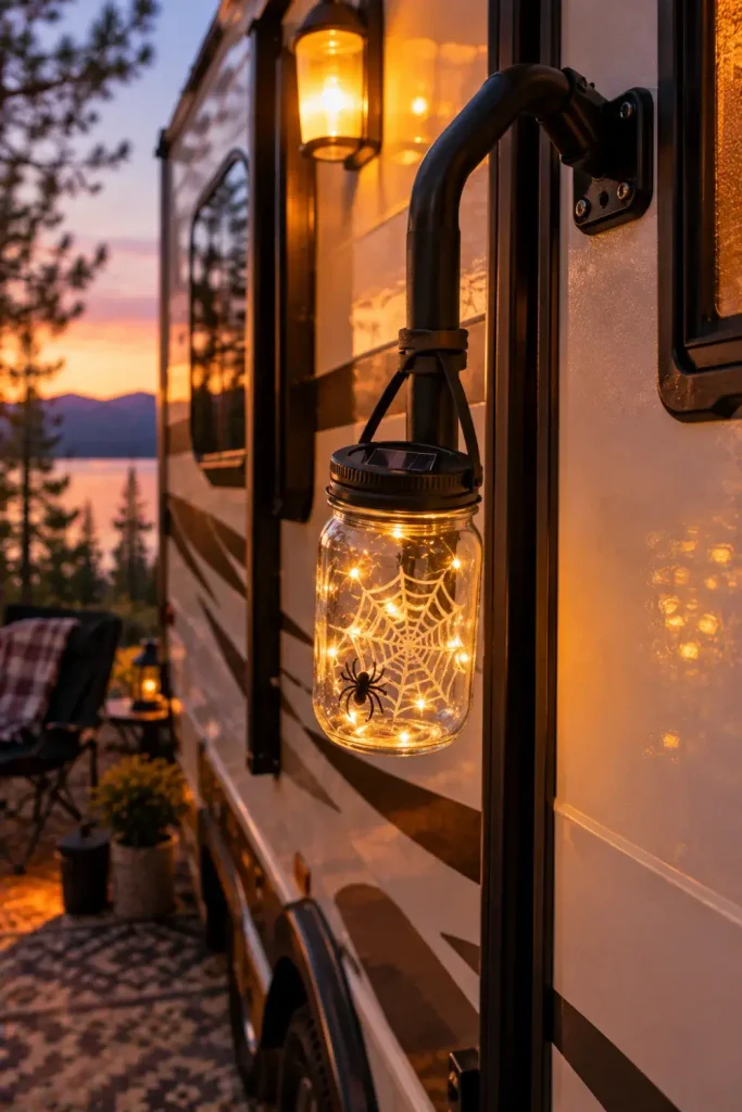 Clear solar mason jar lantern with warm glowing lights hanging from an RV exterior folding grab handle.
