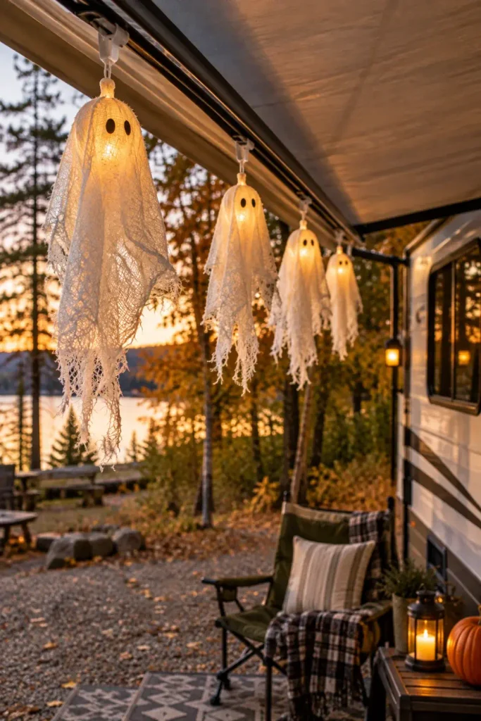Handmade cheesecloth ghosts illuminated with small warm lights hanging from an RV awning roller tube groove at dusk.