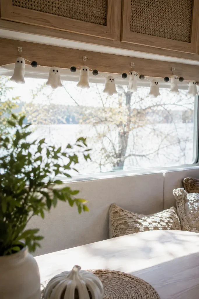 Lightweight wool felt ghost garland hanging over an RV dinette window valance above the table