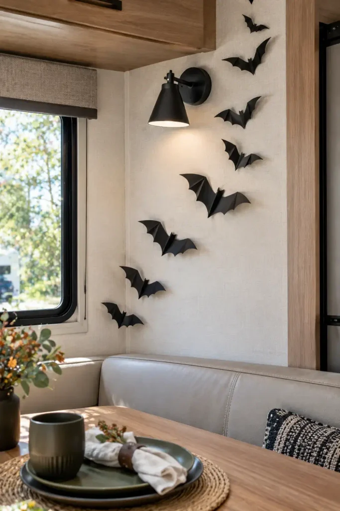 Folded 3D paper bat decals mounted on a camper dinette wall around a reading light fixture