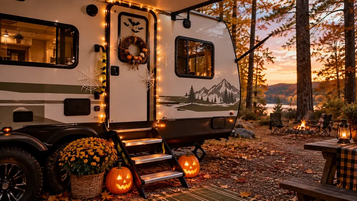 Decorated RV camper door at dusk with glowing string lights, mini pumpkin wreath, and foam jack-o-lanterns on the entry steps.