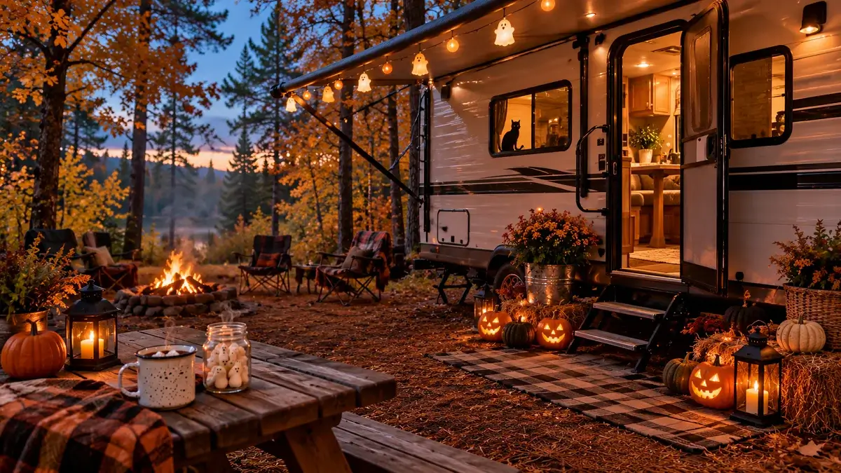 Cozy RV campsite decorated for Halloween at dusk with glowing amber awning lights, carved jack-o'-lanterns by the camper steps, and an autumn forest backdrop
